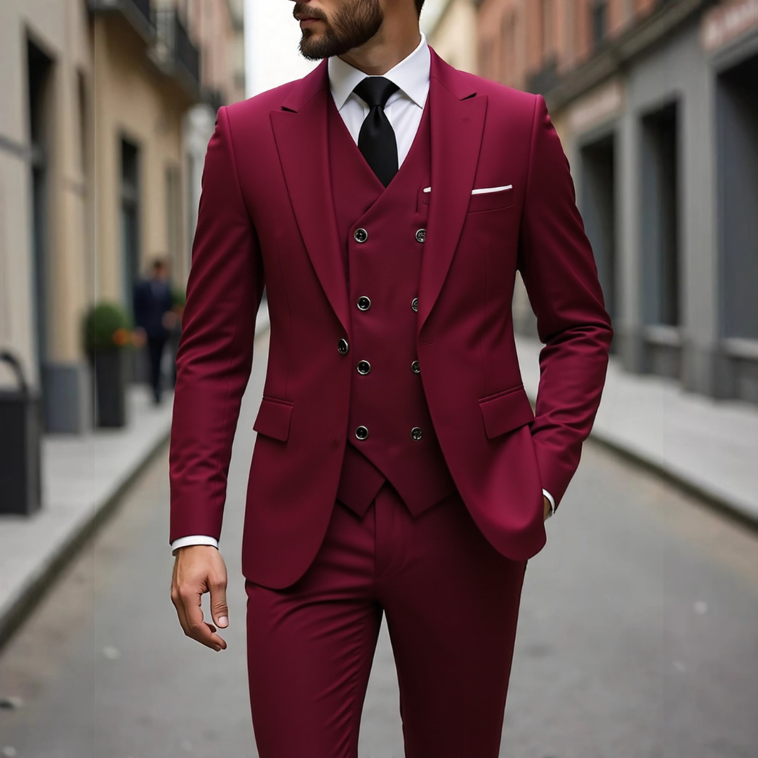 Men's Three-Piece Suit with Double-Breasted Waistcoat, Slim-Fit Two-Button Jacket
