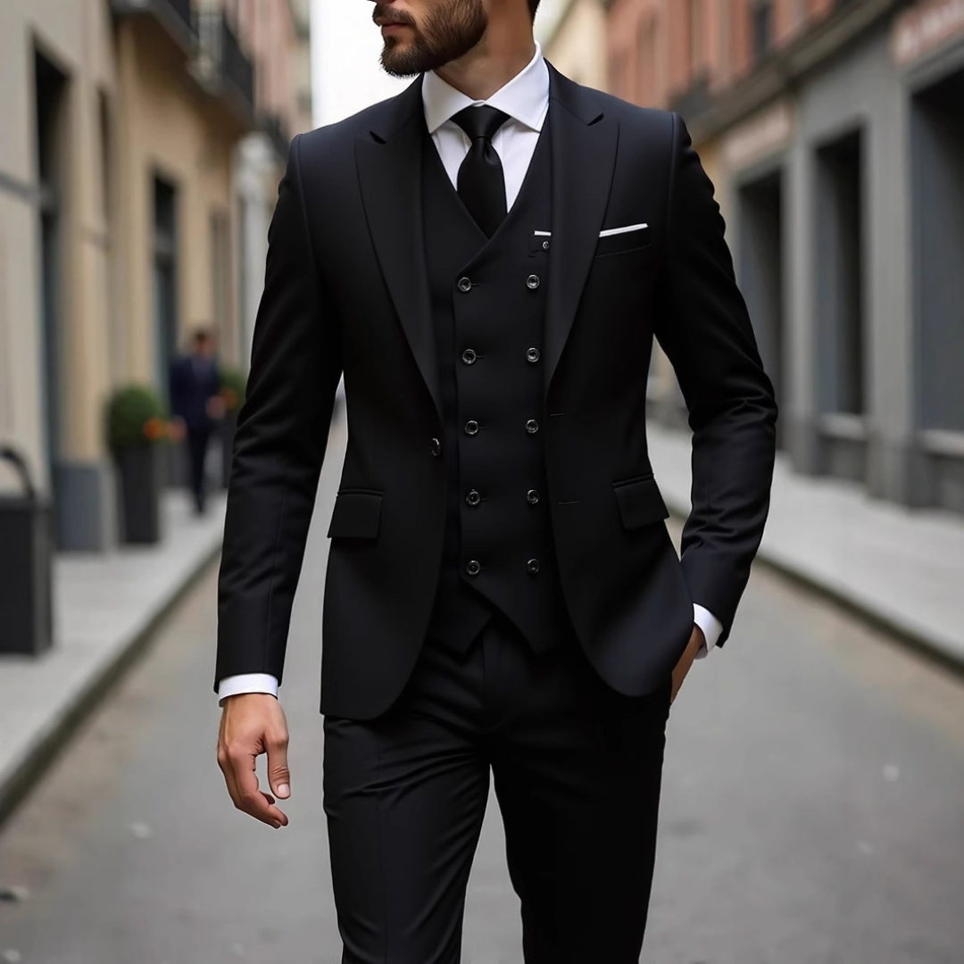 Men's Three-Piece Suit with Double-Breasted Waistcoat, Slim-Fit Two-Button Jacket