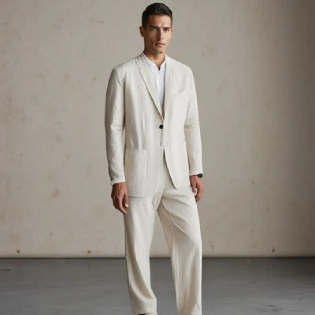 Men's two-piece suit - single-breasted blazer with notch lapel and patch pockets, straight-leg trousers with elastic waistband