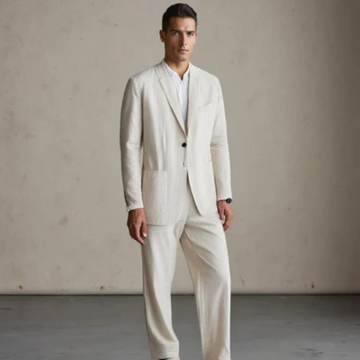 Men's two-piece suit - single-breasted blazer with notch lapel and patch pockets, straight-leg trousers with elastic waistband