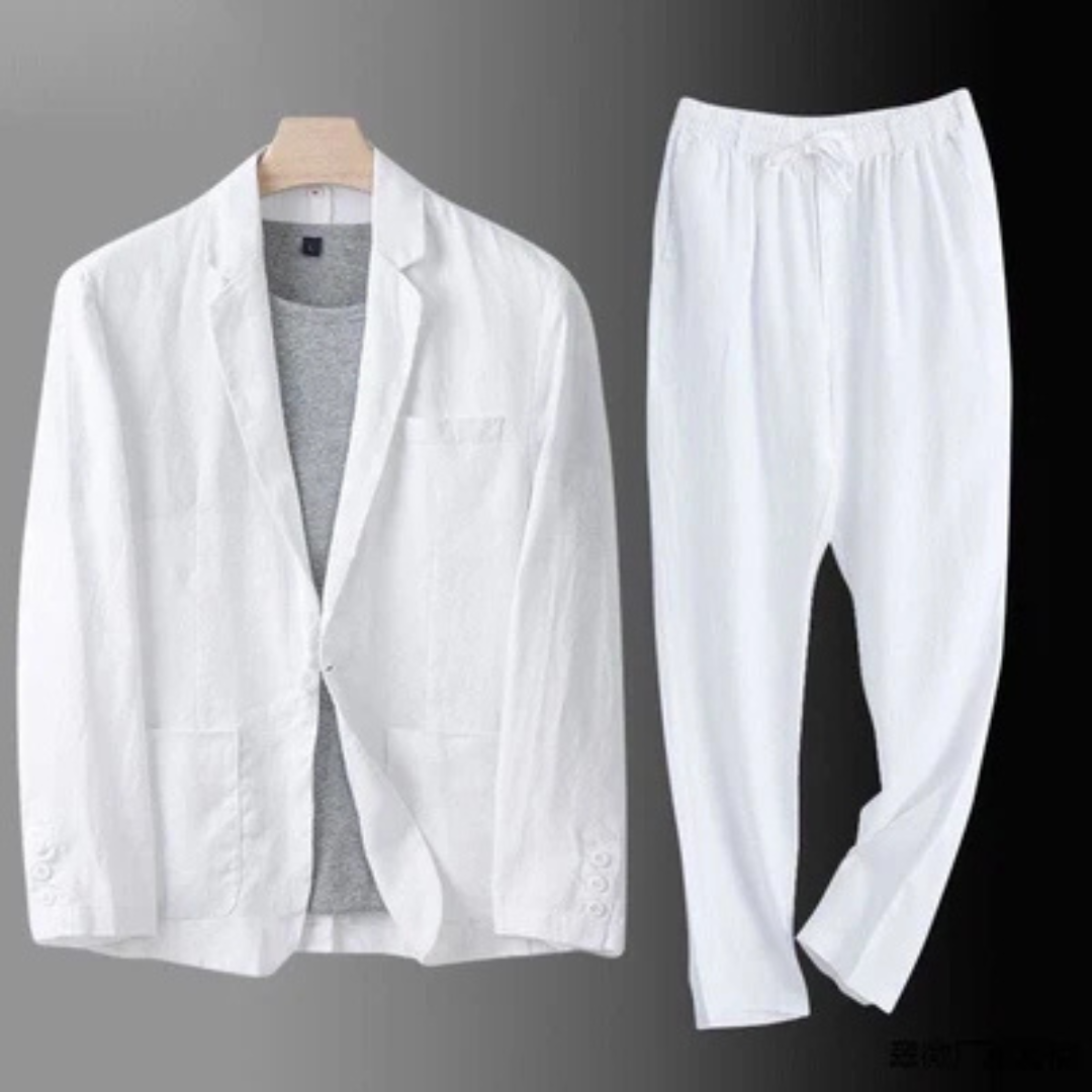 Men's two-piece suit - single-breasted blazer with notch lapel and patch pockets, straight-leg trousers with elastic waistband