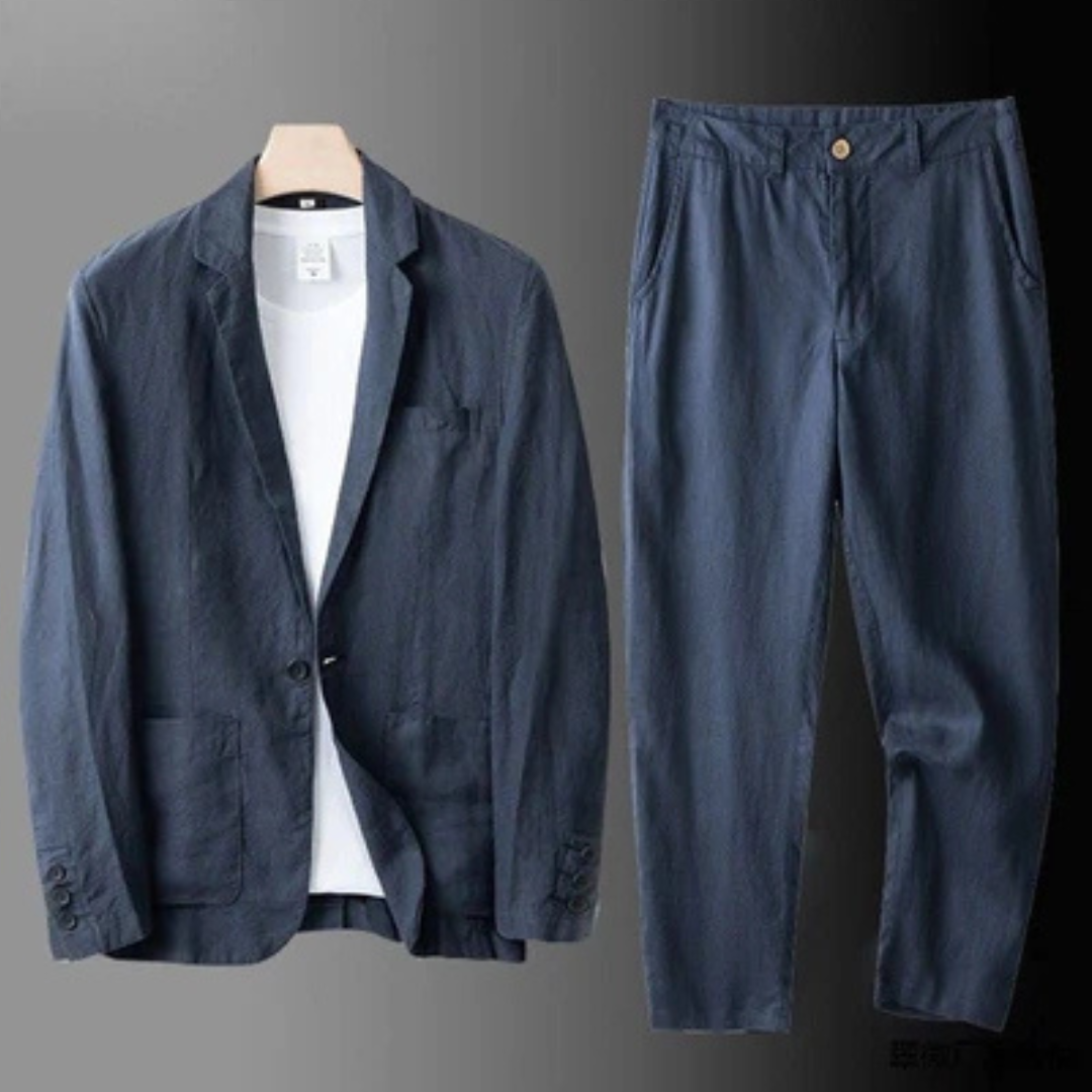 Men's two-piece suit - single-breasted blazer with notch lapel and patch pockets, straight-leg trousers with elastic waistband