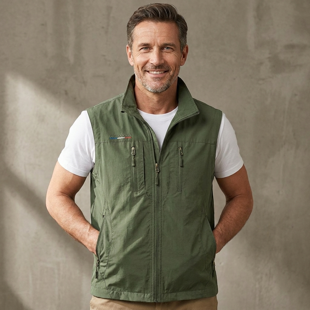 Men's Utility Vest Multi-Pocket Zip Front Stand Collar Regular Fit