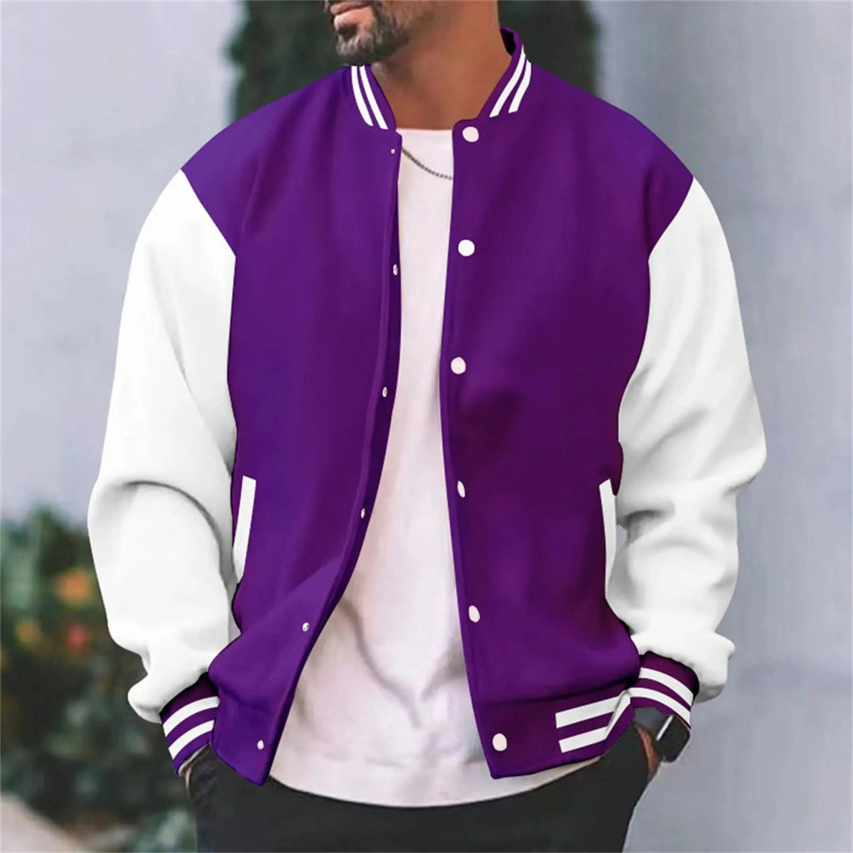 Men's Varsity Bomber Jacket, Snap-Button Closure, Contrasting Sleeves, Striped Rib Collar & Cuffs, Regular Fit