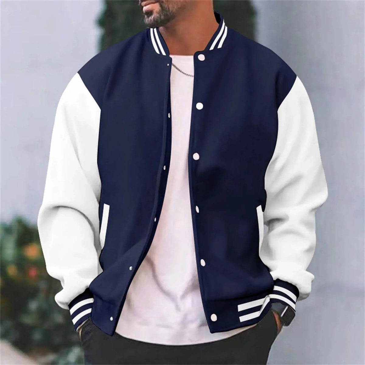 Men's Varsity Bomber Jacket, Snap-Button Closure, Contrasting Sleeves, Striped Rib Collar & Cuffs, Regular Fit