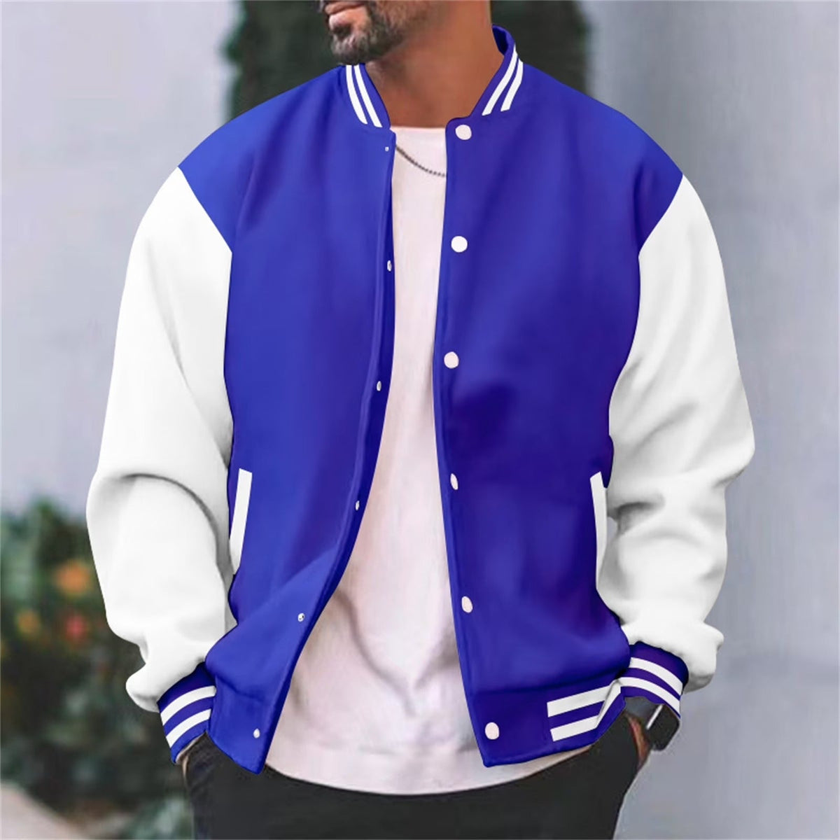 Men's Varsity Bomber Jacket, Snap-Button Closure, Contrasting Sleeves, Striped Rib Collar & Cuffs, Regular Fit