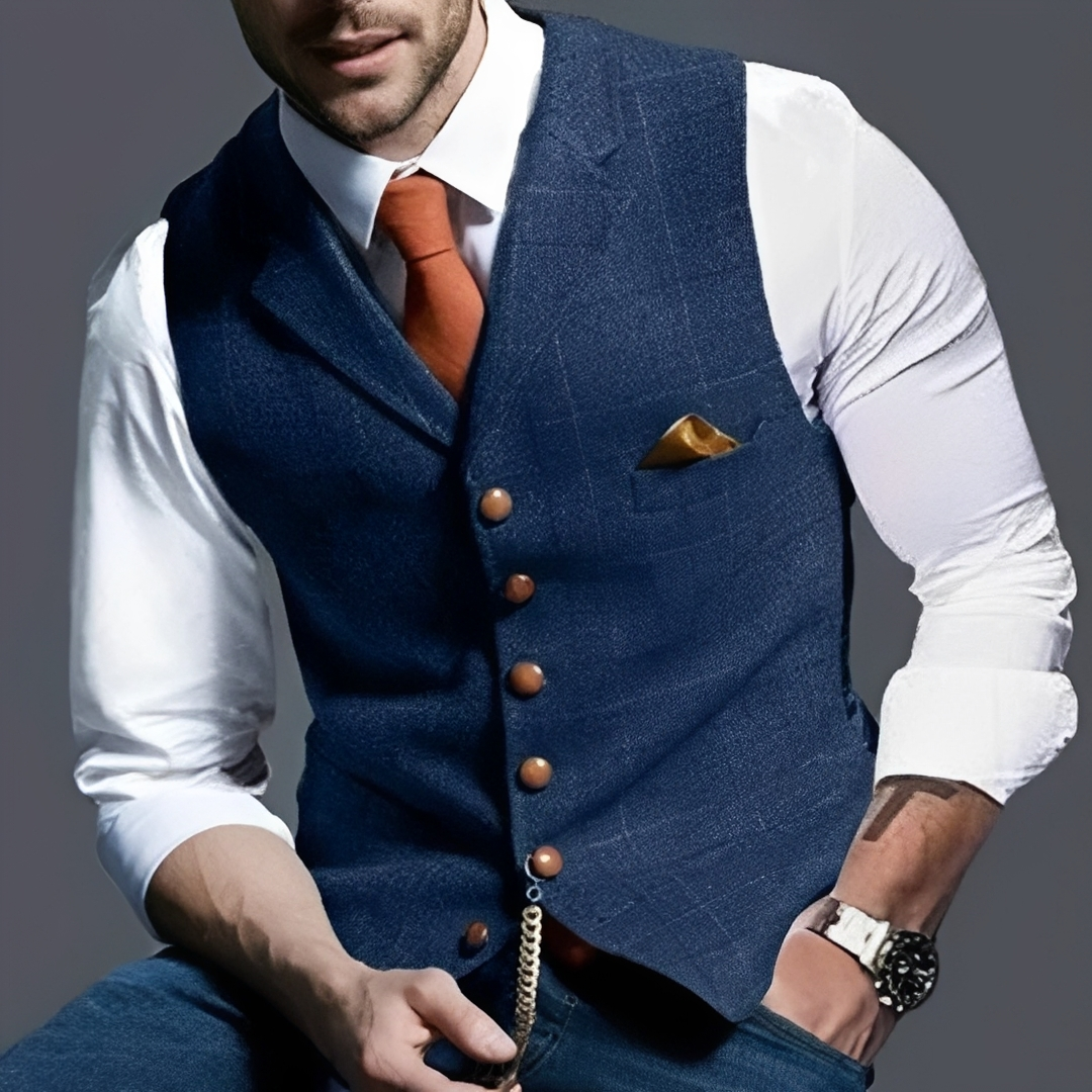Men's Vest Slim Fit Single-Breasted Button Front with Notch Lapel, Windowpane Check, Chest Pocket & Watch-Chain Detail