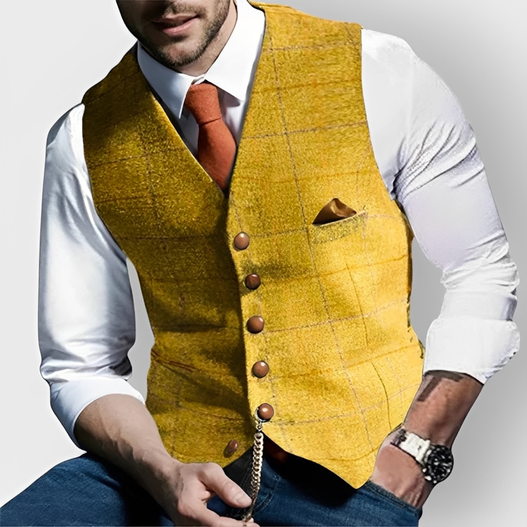 Men's Vest Slim Fit Single-Breasted Button Front with Notch Lapel, Windowpane Check, Chest Pocket & Watch-Chain Detail