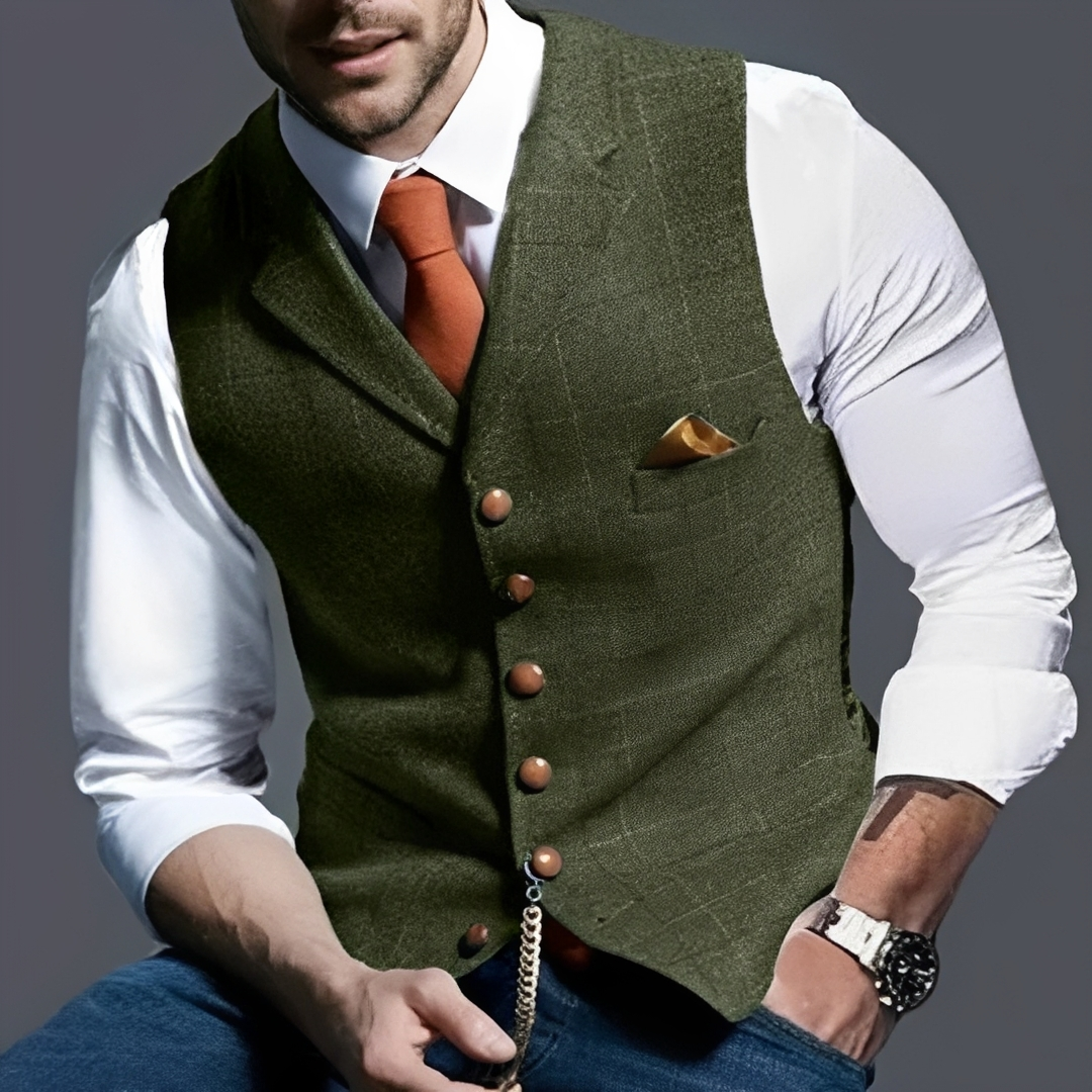 Men's Vest Slim Fit Single-Breasted Button Front with Notch Lapel, Windowpane Check, Chest Pocket & Watch-Chain Detail