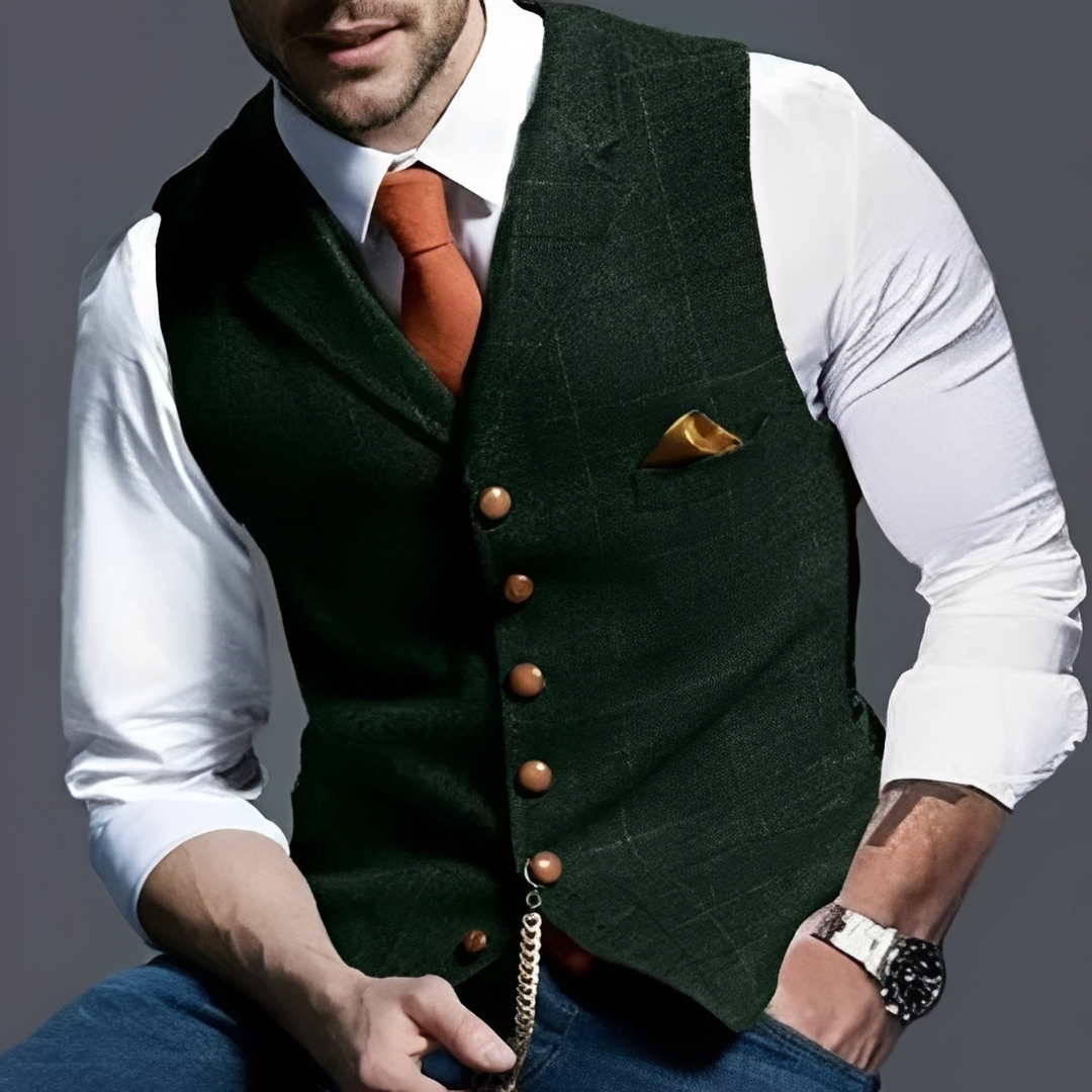 Men's Vest Slim Fit Single-Breasted Button Front with Notch Lapel, Windowpane Check, Chest Pocket & Watch-Chain Detail