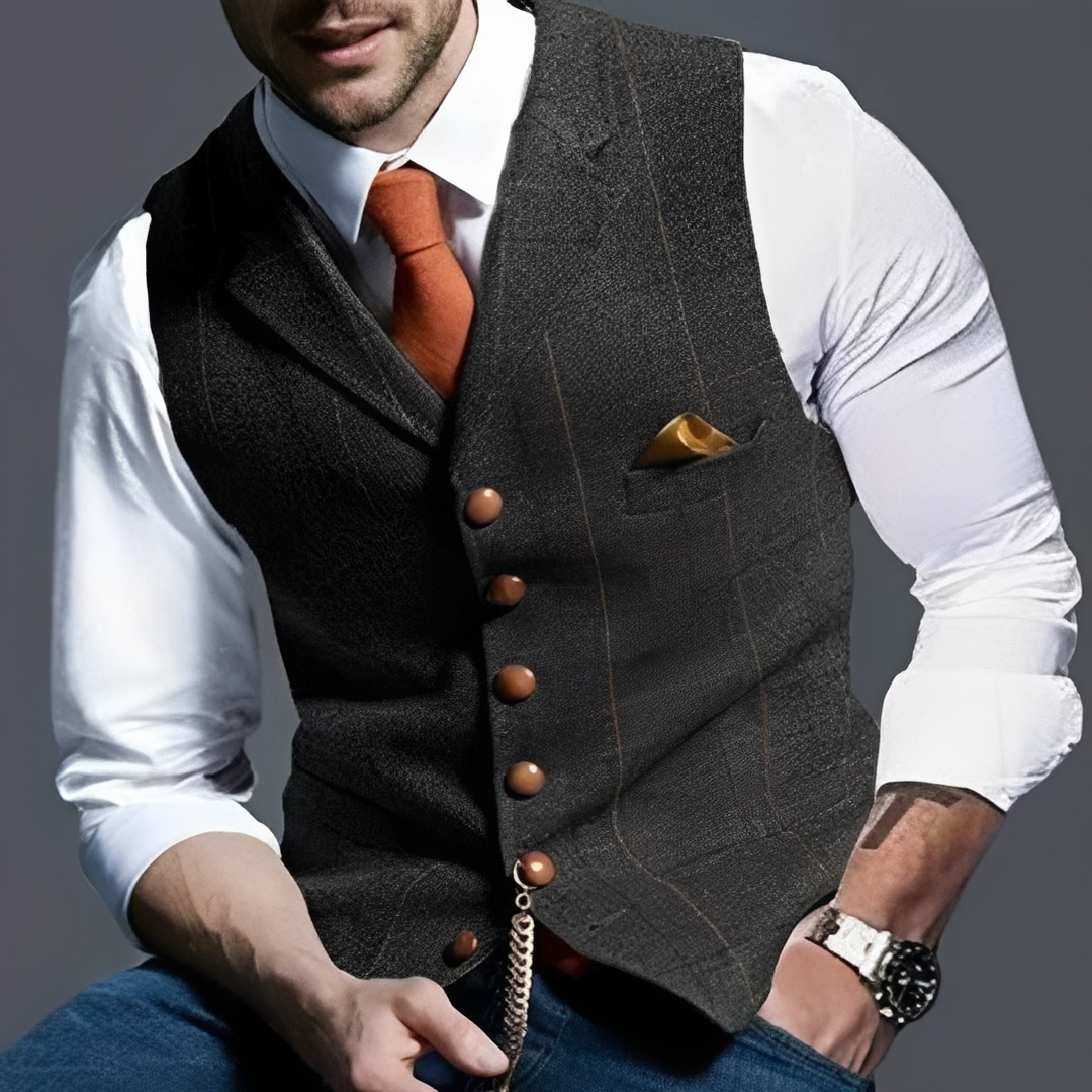 Men's Vest Slim Fit Single-Breasted Button Front with Notch Lapel, Windowpane Check, Chest Pocket & Watch-Chain Detail
