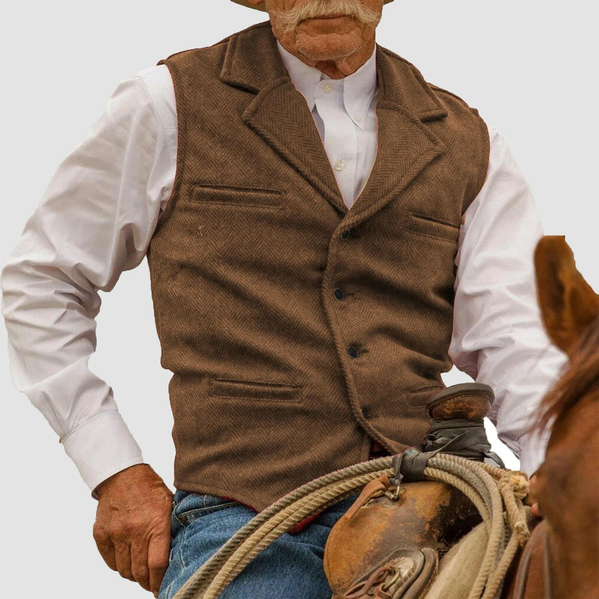 Men's Vintage Herringbone Vest - Button Closure, Lapel Collar