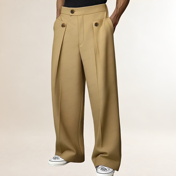Men's Wide-Leg Trousers - High Waist with Button Detail and Pleats