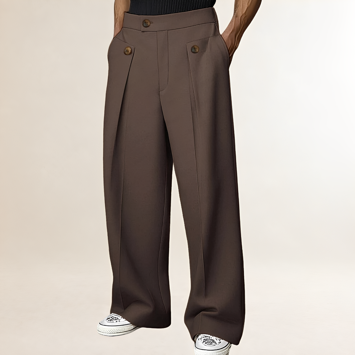 Men's Wide-Leg Trousers - High Waist with Button Detail and Pleats