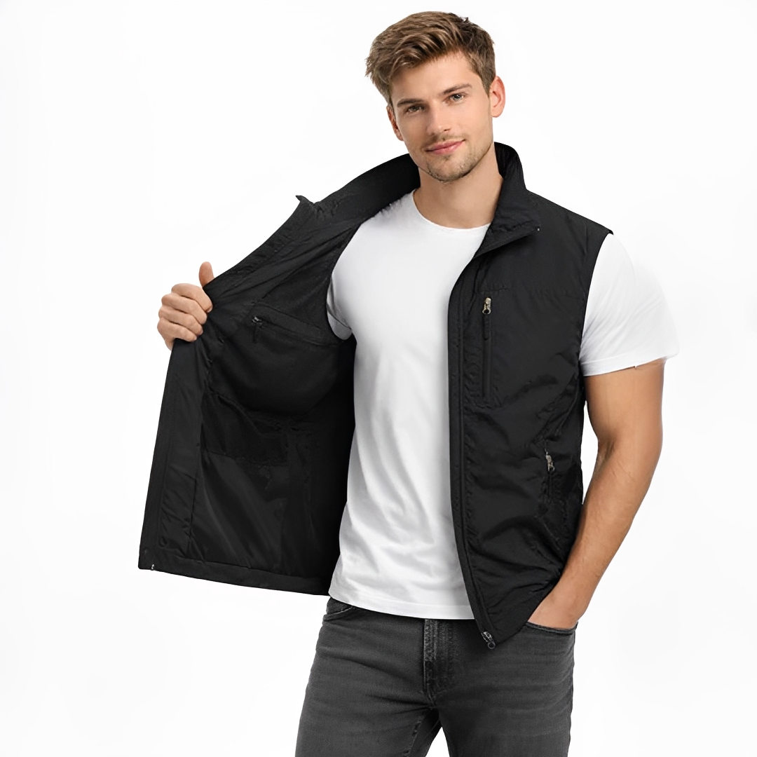 Men's Zip-Front Vest with Stand Collar and 4 Zippered Pockets, Regular Fit