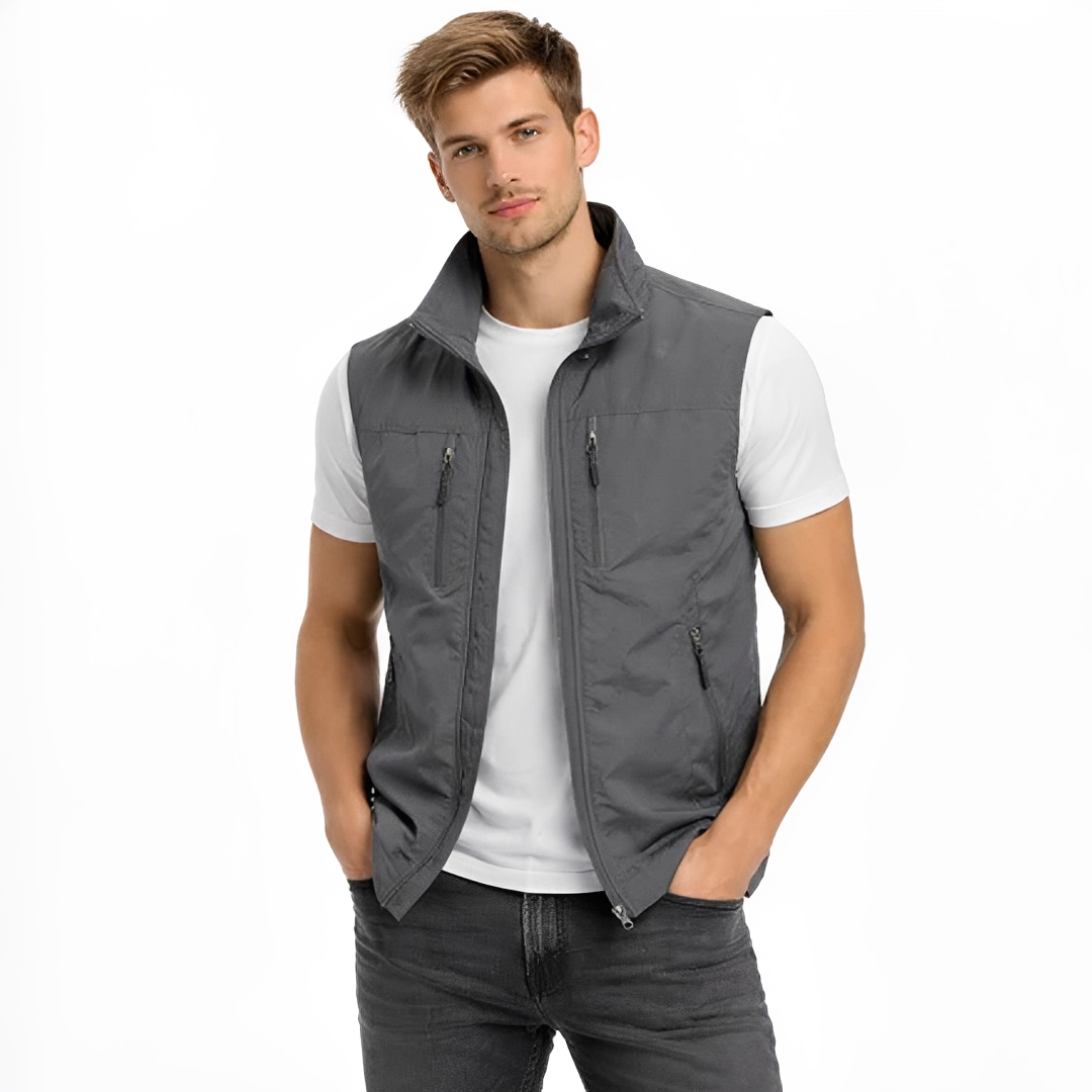 Men's Zip-Front Vest with Stand Collar and 4 Zippered Pockets, Regular Fit
