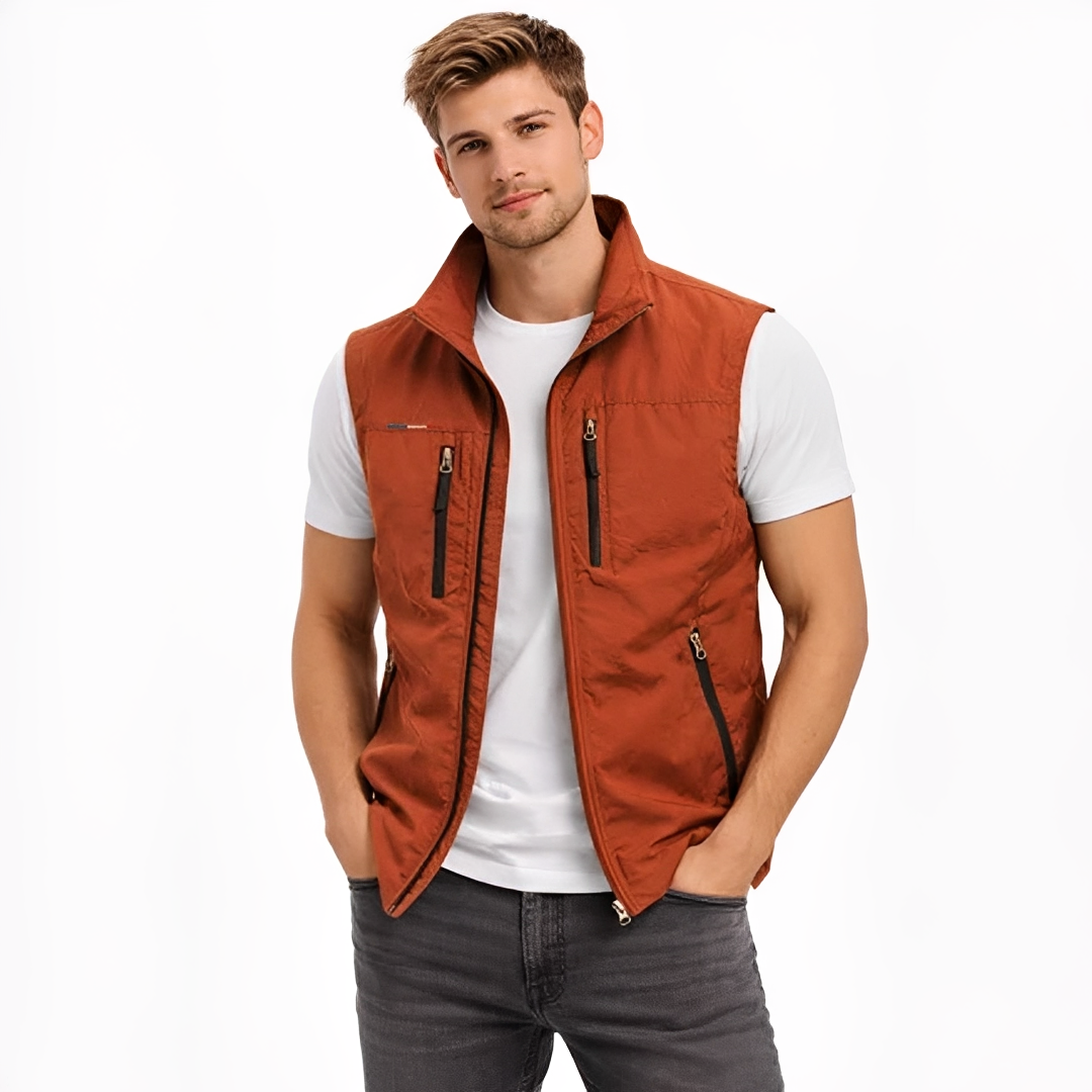 Men's Zip-Front Vest with Stand Collar and 4 Zippered Pockets, Regular Fit