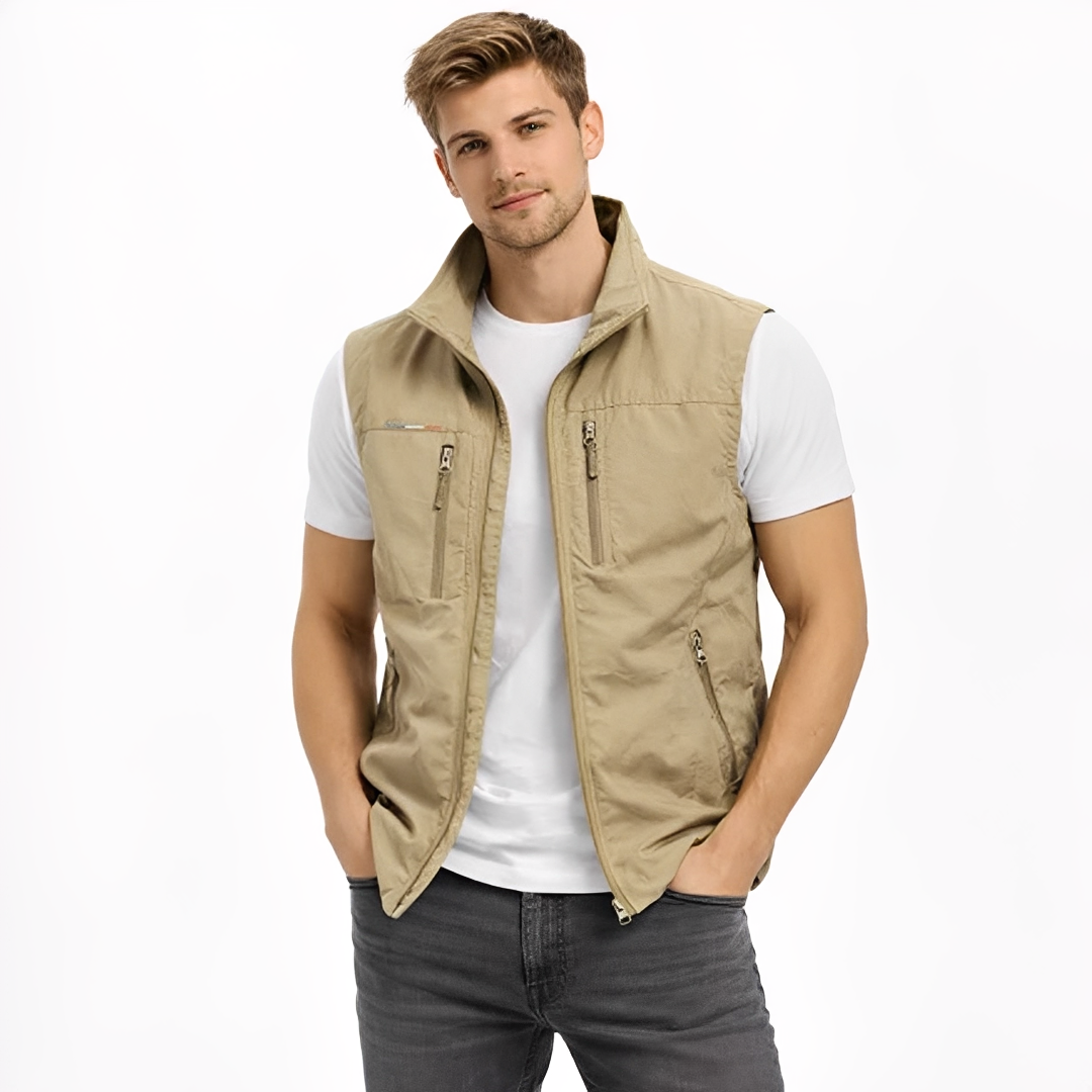 Men's Zip-Front Vest with Stand Collar and 4 Zippered Pockets, Regular Fit
