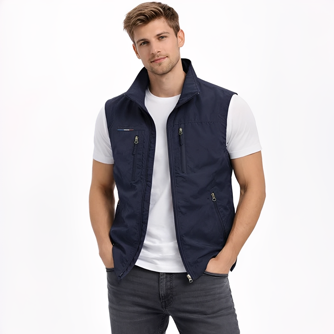 Men's Zip-Front Vest with Stand Collar and 4 Zippered Pockets, Regular Fit
