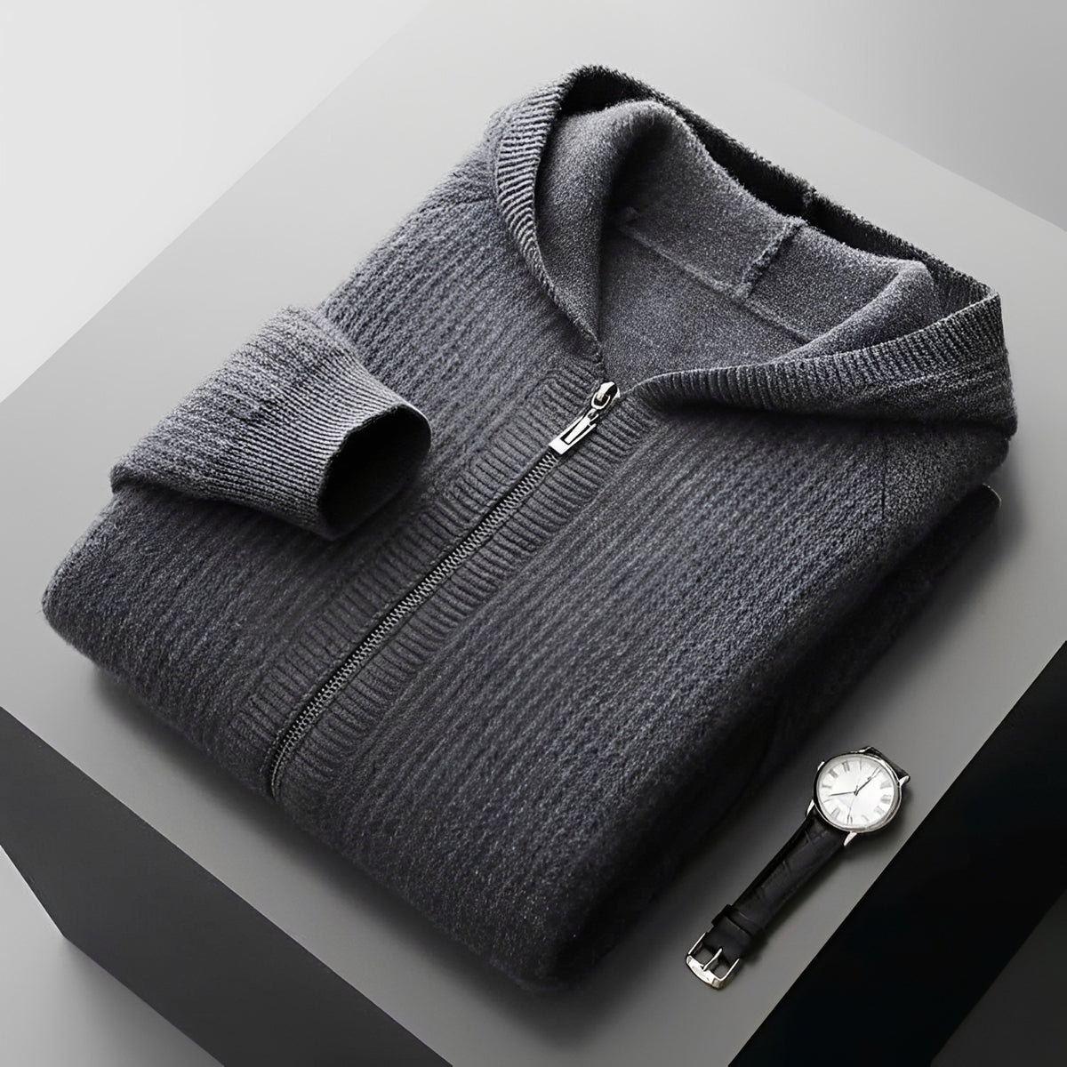 Men's Zip Hoodie - Textured Design with Hood and Pockets