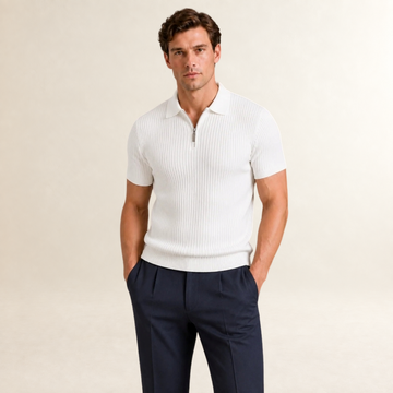Men's Zip Polo Shirt with Ribbed Design - Short Sleeve, Modern Fit