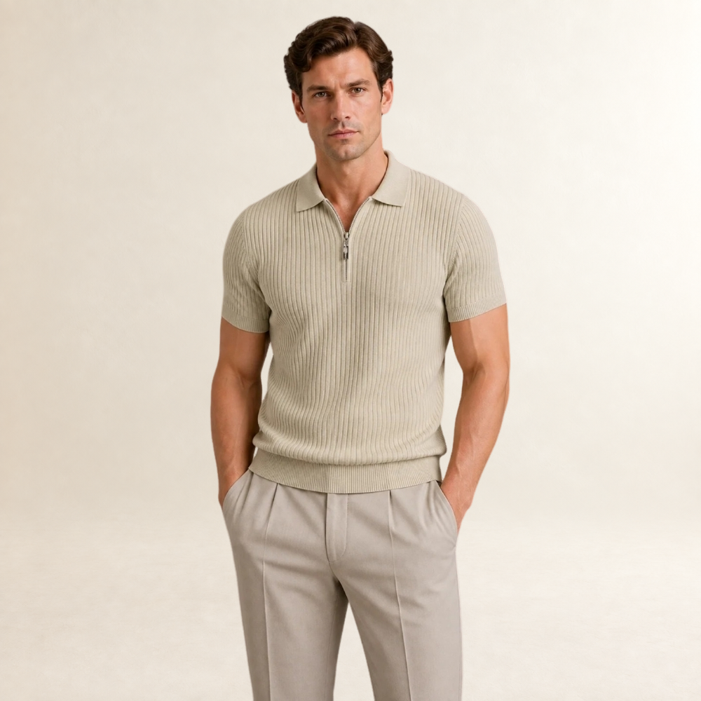 Men's Zip Polo Shirt with Ribbed Design - Short Sleeve, Modern Fit