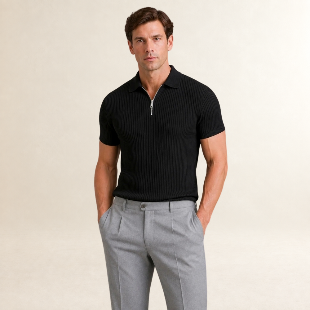 Men's Zip Polo Shirt with Ribbed Design - Short Sleeve, Modern Fit