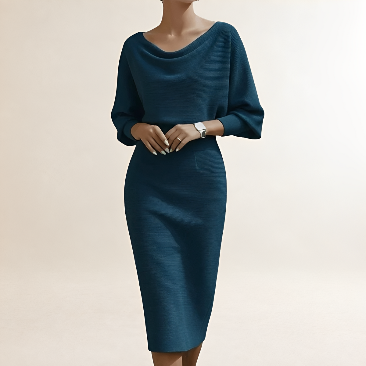 Midi Dress for Women - Draped Cowl Neck, Batwing Sleeves, Fitted Silhouette