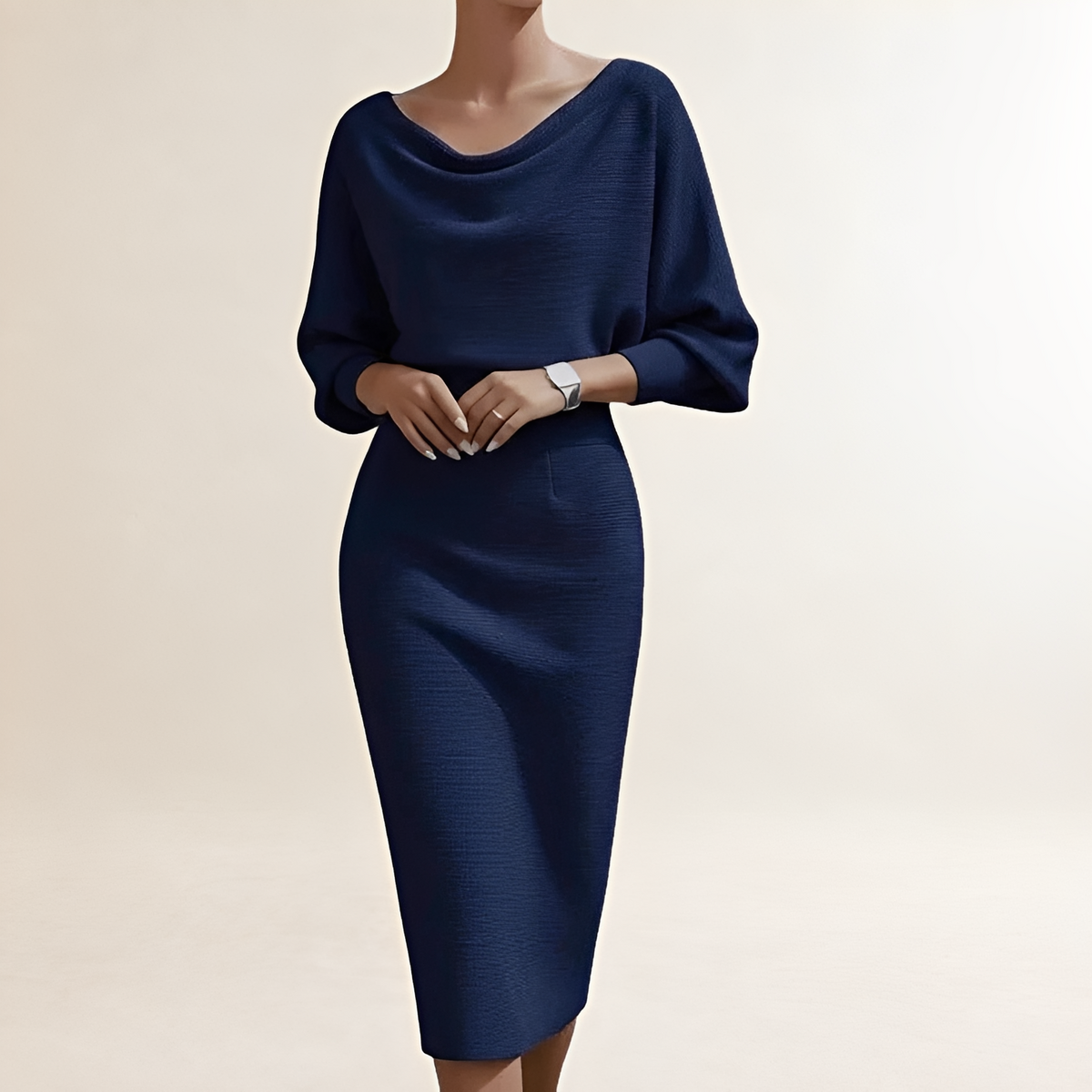 Midi Dress for Women - Draped Cowl Neck, Batwing Sleeves, Fitted Silhouette