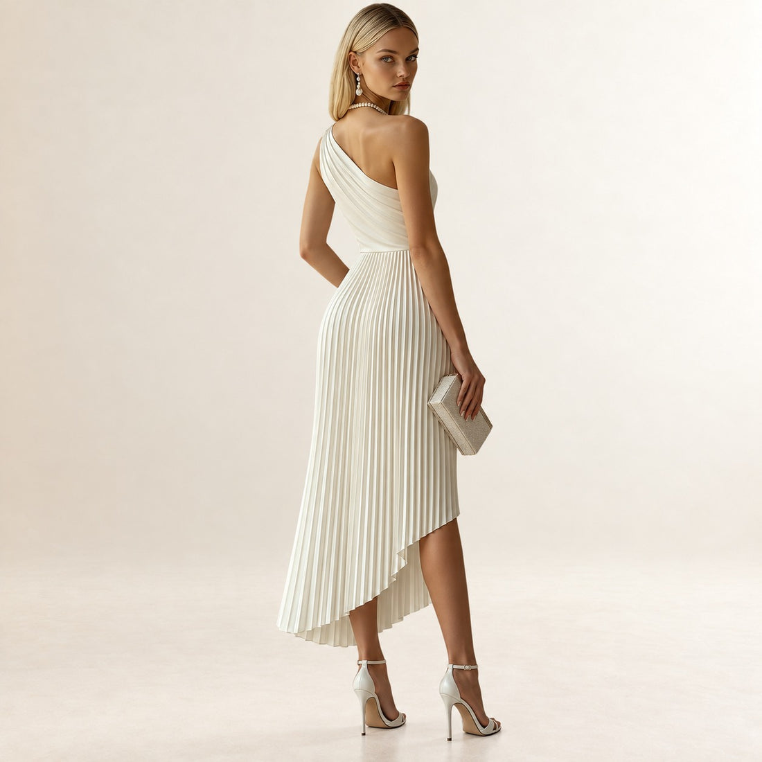 Midi Dress for Women One-Shoulder Pleated Design High-Low Hem