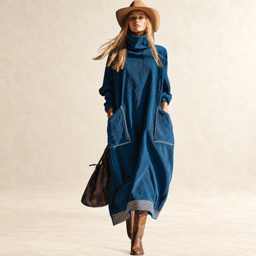 Midi Dress for Women with High Collar and Large Pockets - Relaxed Fit