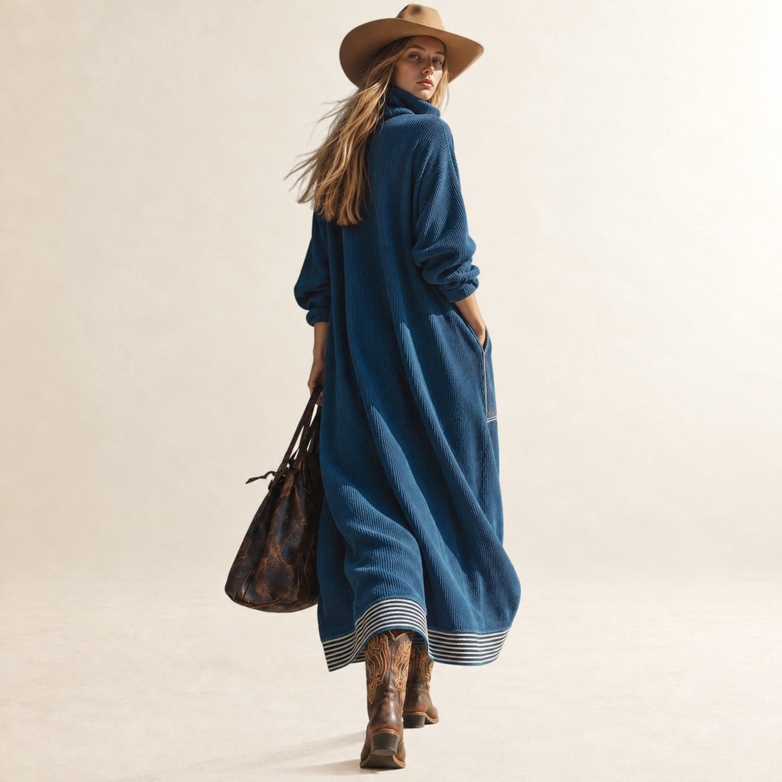 Midi Dress for Women with High Collar and Large Pockets - Relaxed Fit