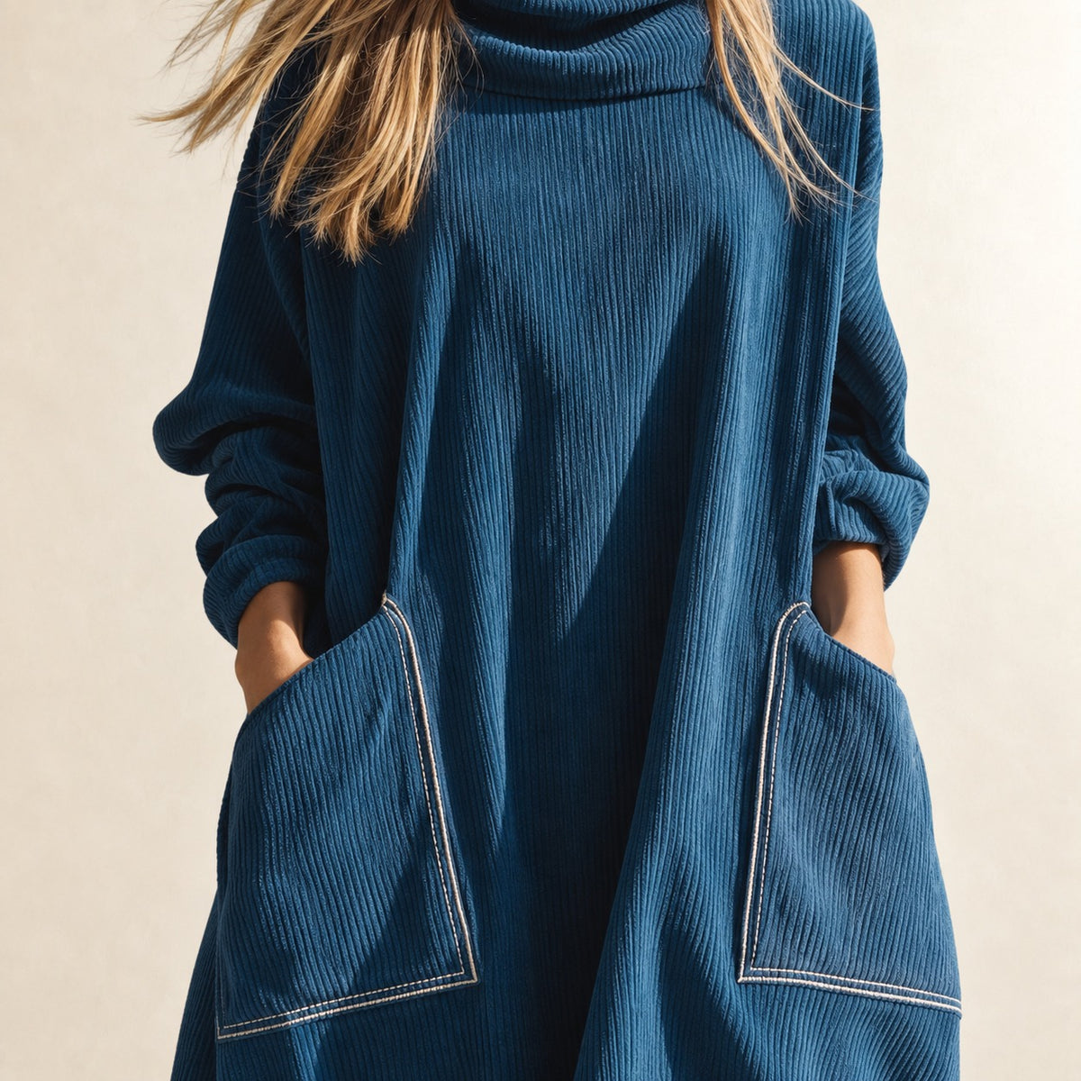 Midi Dress for Women with High Collar and Large Pockets - Relaxed Fit