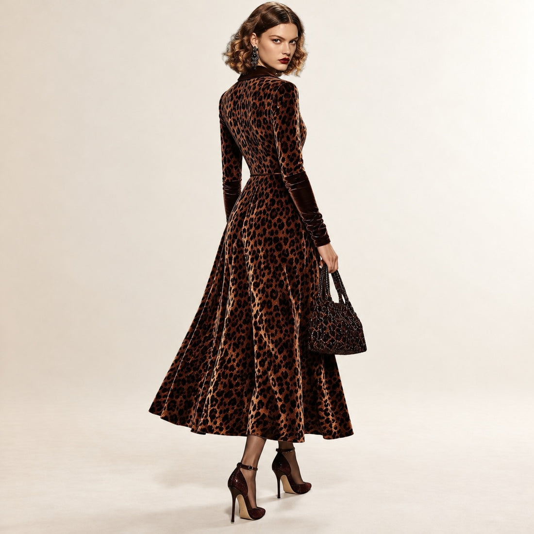 Midi Dress Women Lapel Long Sleeve Leopard Print - Waist-Hugging Fit