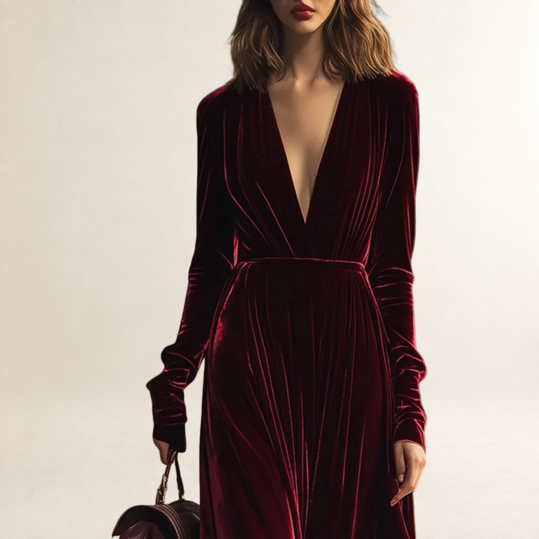 Midi Dress Women V-Neck Long Sleeve Pleated Design - Elegant Fit