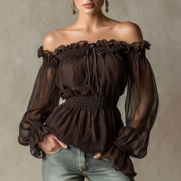 Off-Shoulder Blouse for Women with Ruffles and Smocked Waist