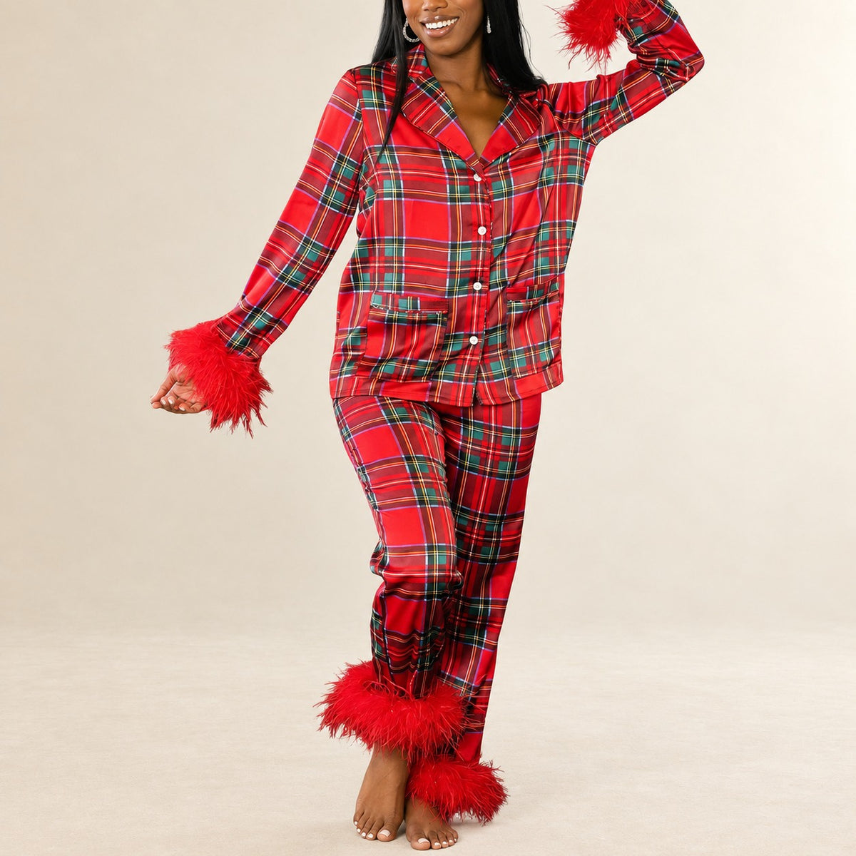 Pajama Set for Women - Feather-Trim Long-Sleeve Button-Front Top & Relaxed Ankle Pants, Allover Print