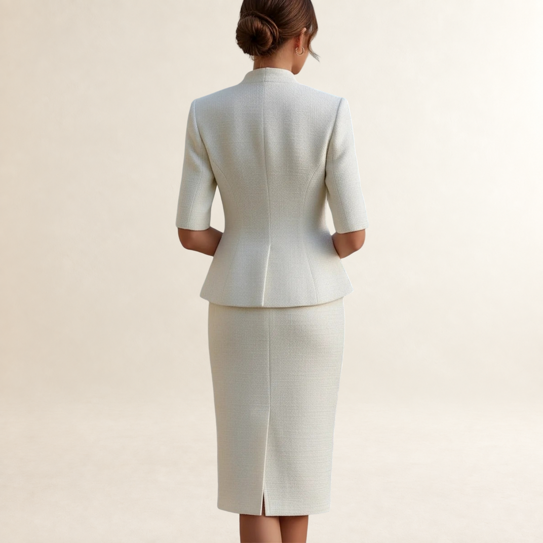 Peplum Blazer and Pencil Skirt Set for Women - Stand Collar, Short Sleeve, Bodycon Fit
