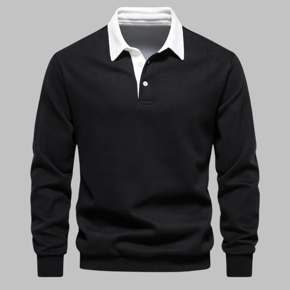 Polo Collar Sweater for Men - Long Sleeve, Button Placket, Relaxed Fit