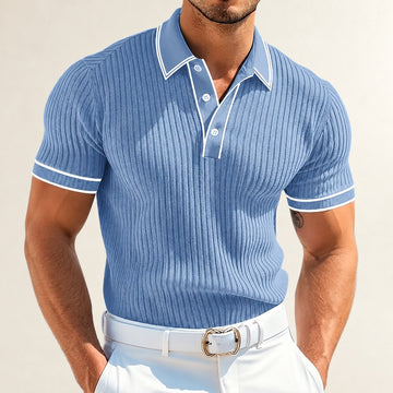 Polo Shirt, Men's Contrast-Trim Short Sleeve, 3-Button Placket, Textured Vertical Pattern, Relaxed Fit