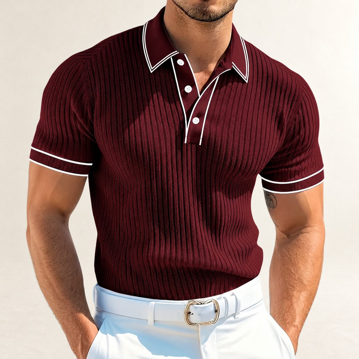 Polo Shirt, Men's Contrast-Trim Short Sleeve, 3-Button Placket, Textured Vertical Pattern, Relaxed Fit