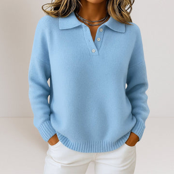 Pullover Sweater for Women - Polo Collar with Button Closure and Relaxed Fit