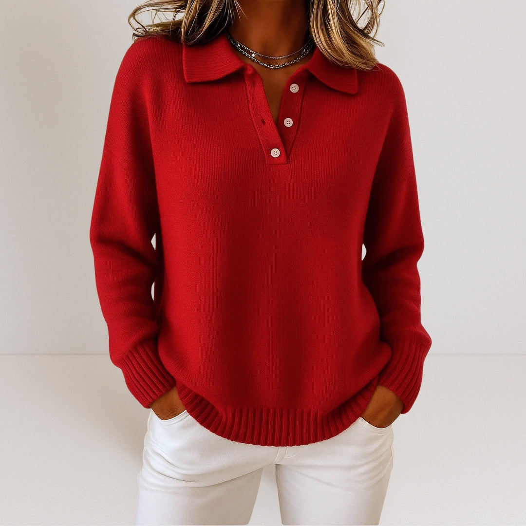 Pullover Sweater for Women - Polo Collar with Button Closure and Relaxed Fit