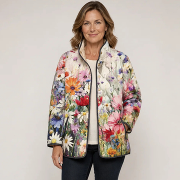 Quilted Jacket - Women's Printed Snap-Front with Stand Collar, Hip-Length, Piped Trim & Welt Pockets