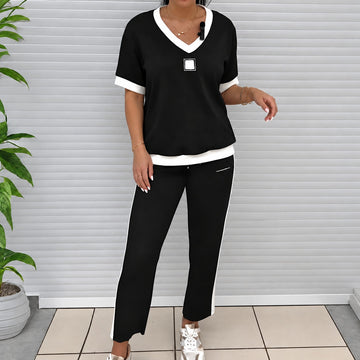 Set Women V-Neck Top and Straight-Leg Pants - Colorblock Design, Relaxed Fit