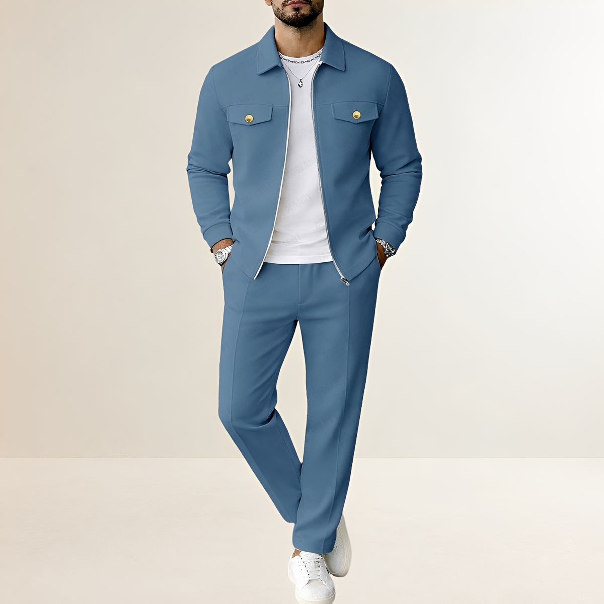 Sets for Men - Zip Closure Jacket with Chest Pockets and Elastic Waist Pants