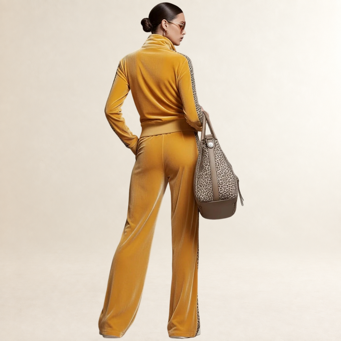 Sets for Women Half-Zip Sweatshirt with Leopard Print Trim Wide-Leg Pants