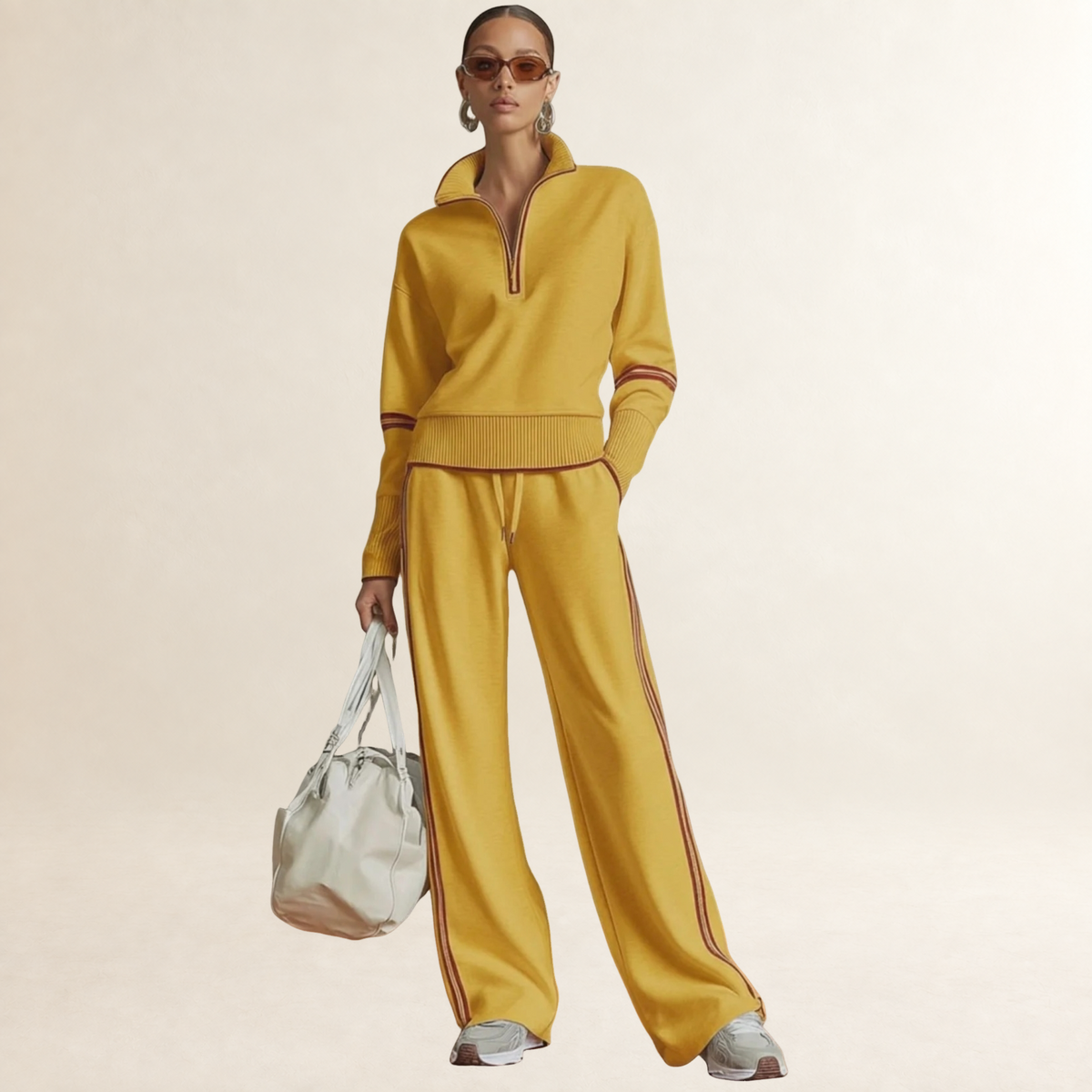 Sets Women Half-Zip Sweatshirt and Wide-Leg Pants - Sporty Striped Design