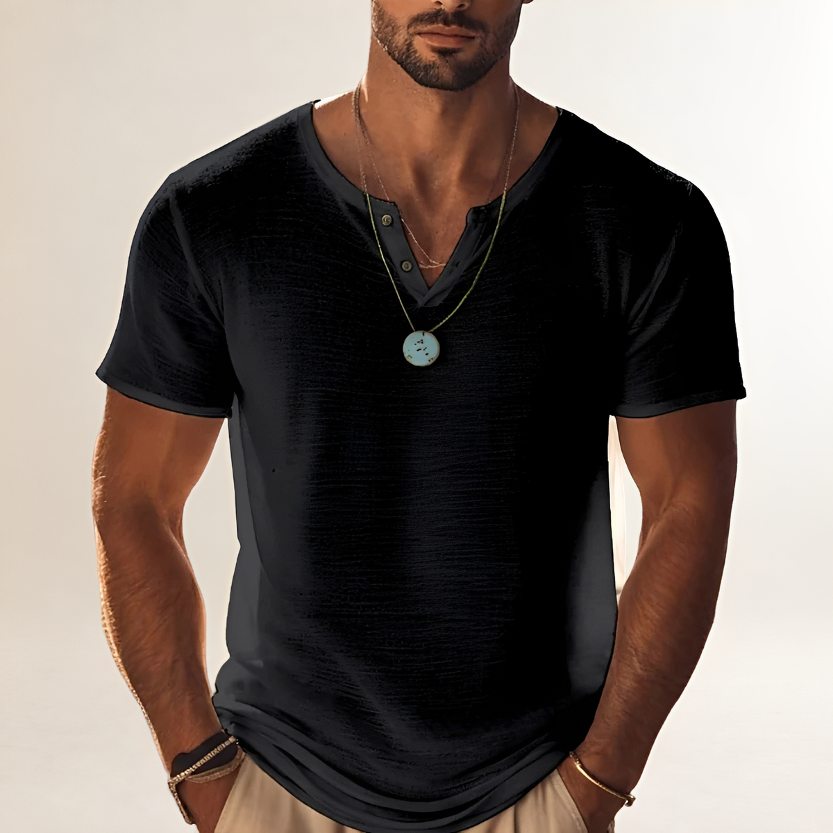 Shirt, Men's Short-Sleeve Henley with Button V-Neck, Textured Finish, Relaxed Fit