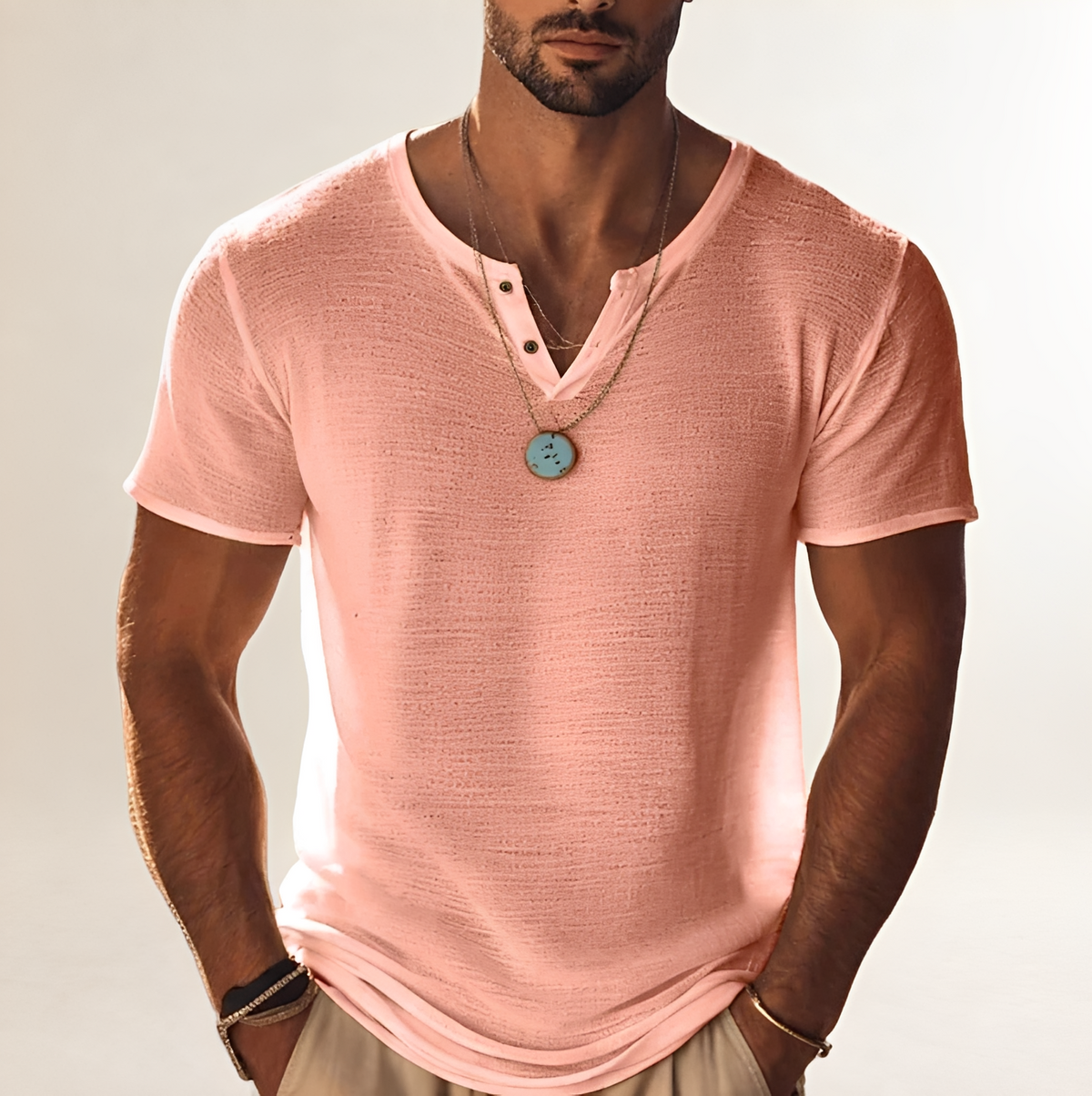 Shirt, Men's Short-Sleeve Henley with Button V-Neck, Textured Finish, Relaxed Fit